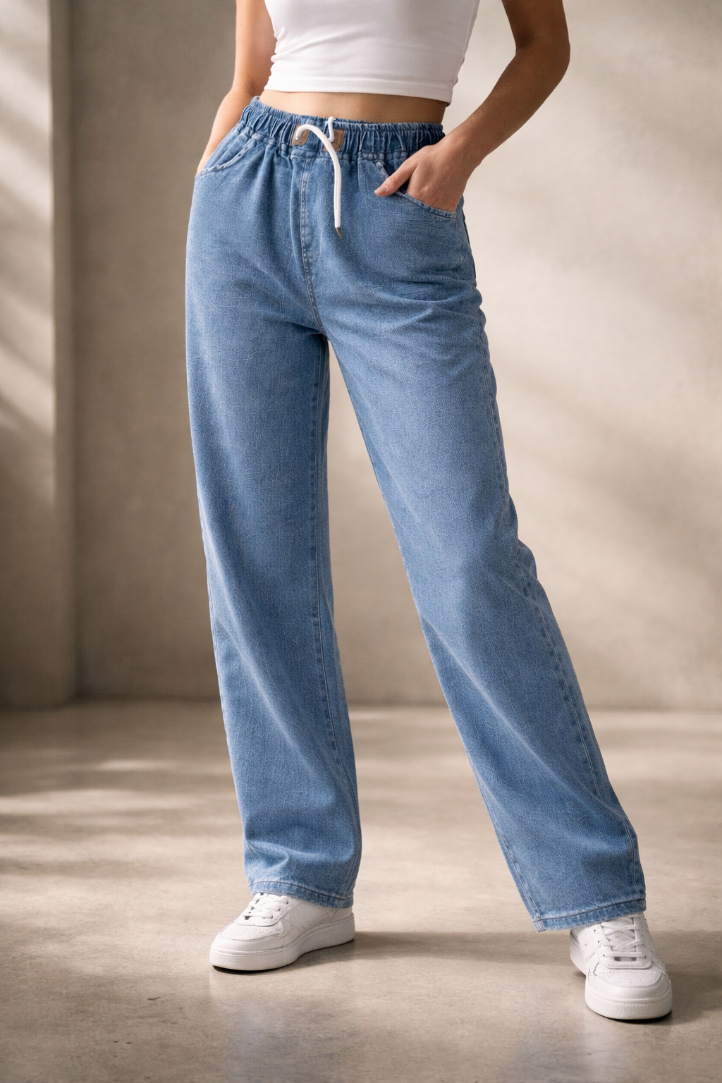 Women’s Relaxed Fit Drawstring Denim Pants – High Waist Casual Wide Leg Jeans