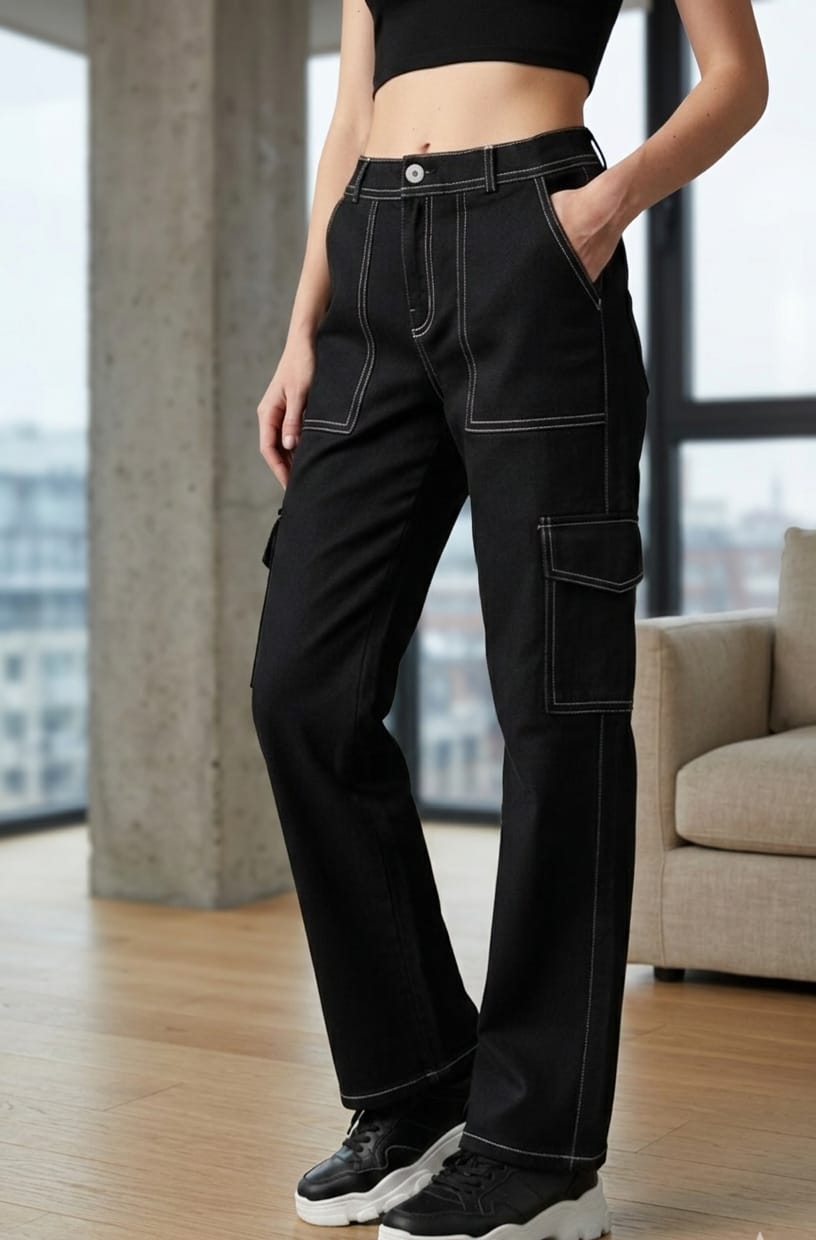Women’s High Waist Black Cargo Pants – Straight Fit Utility Pocket Trousers