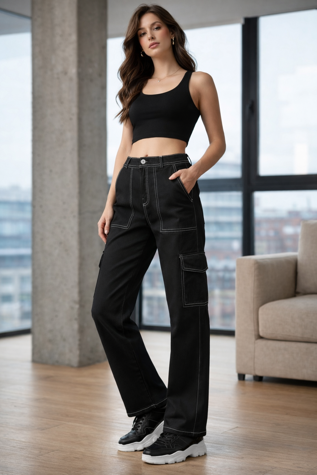 Women’s High Waist Black Cargo Pants – Straight Fit Utility Pocket Trousers